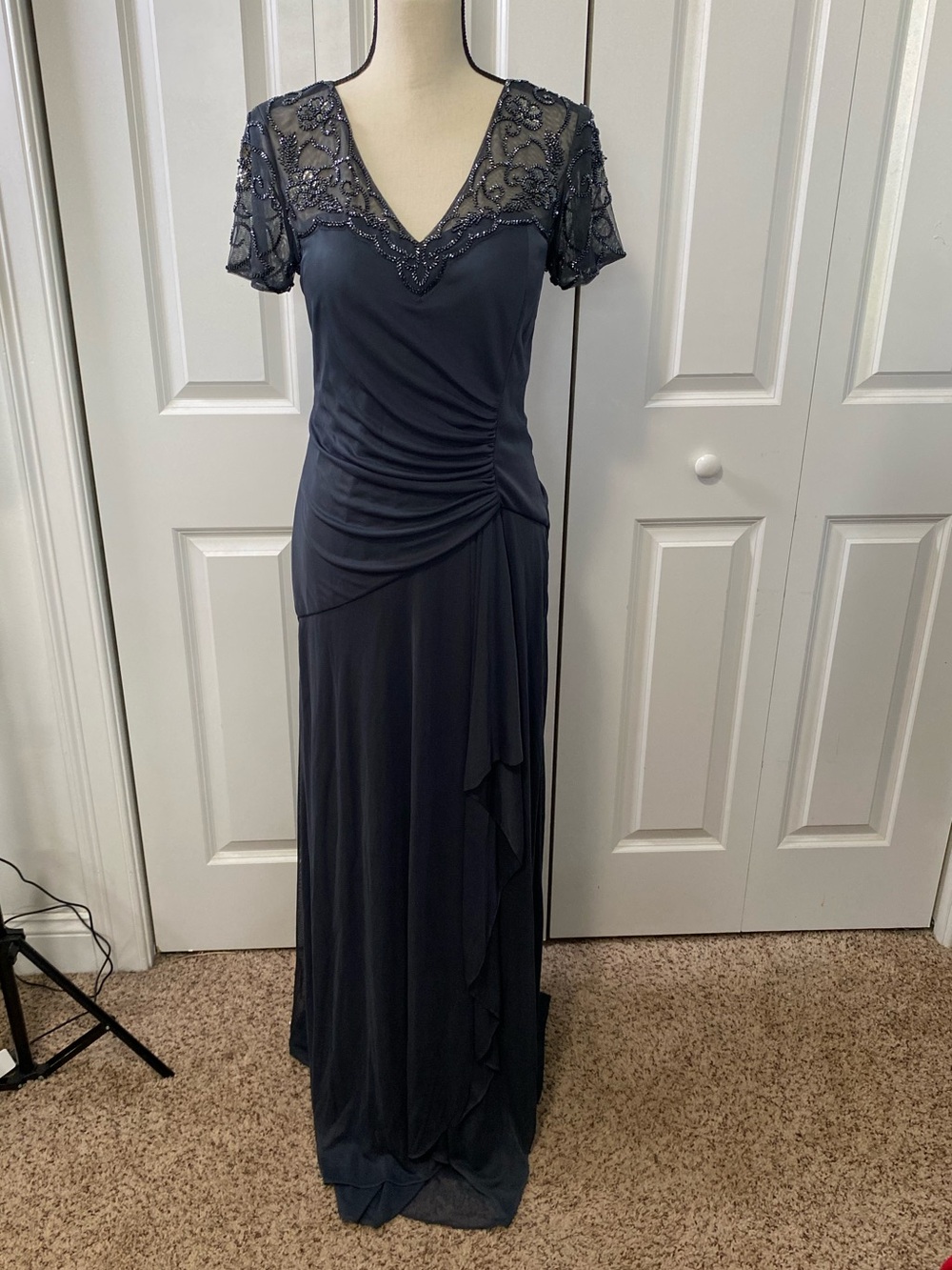 Xscape Beaded V-Neck Ruched Back Maxi Dress